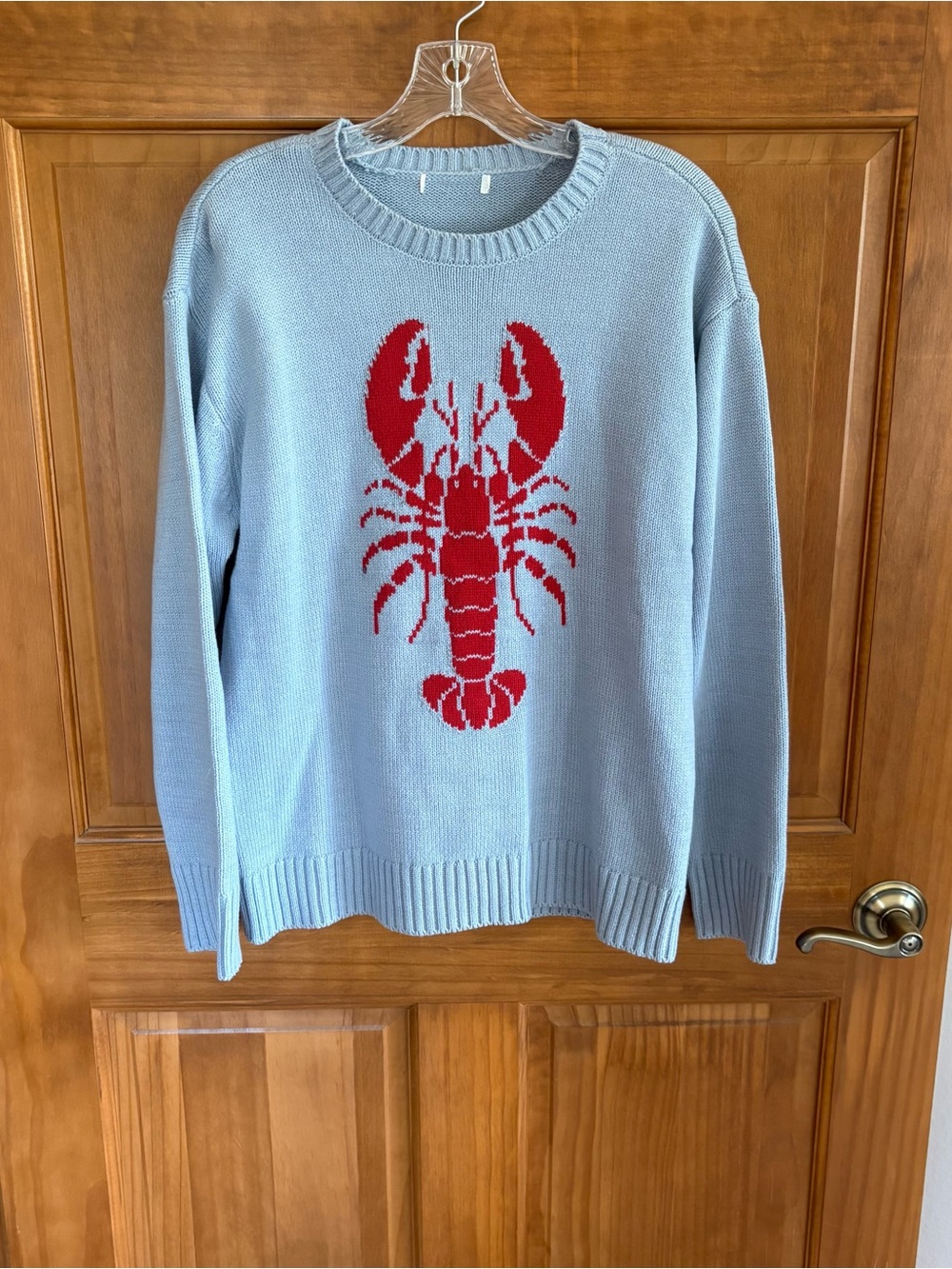 Coastal Blue Crewneck Knit Sweater with Red Lobster Graphic, Women's Size M
